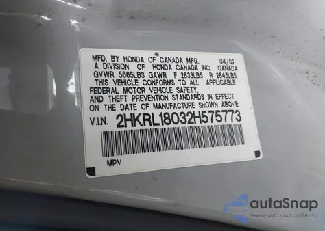 2002 Honda Odyssey Ex-L z USA, uszkodzony, nr VIN 2HKRL18032H575773